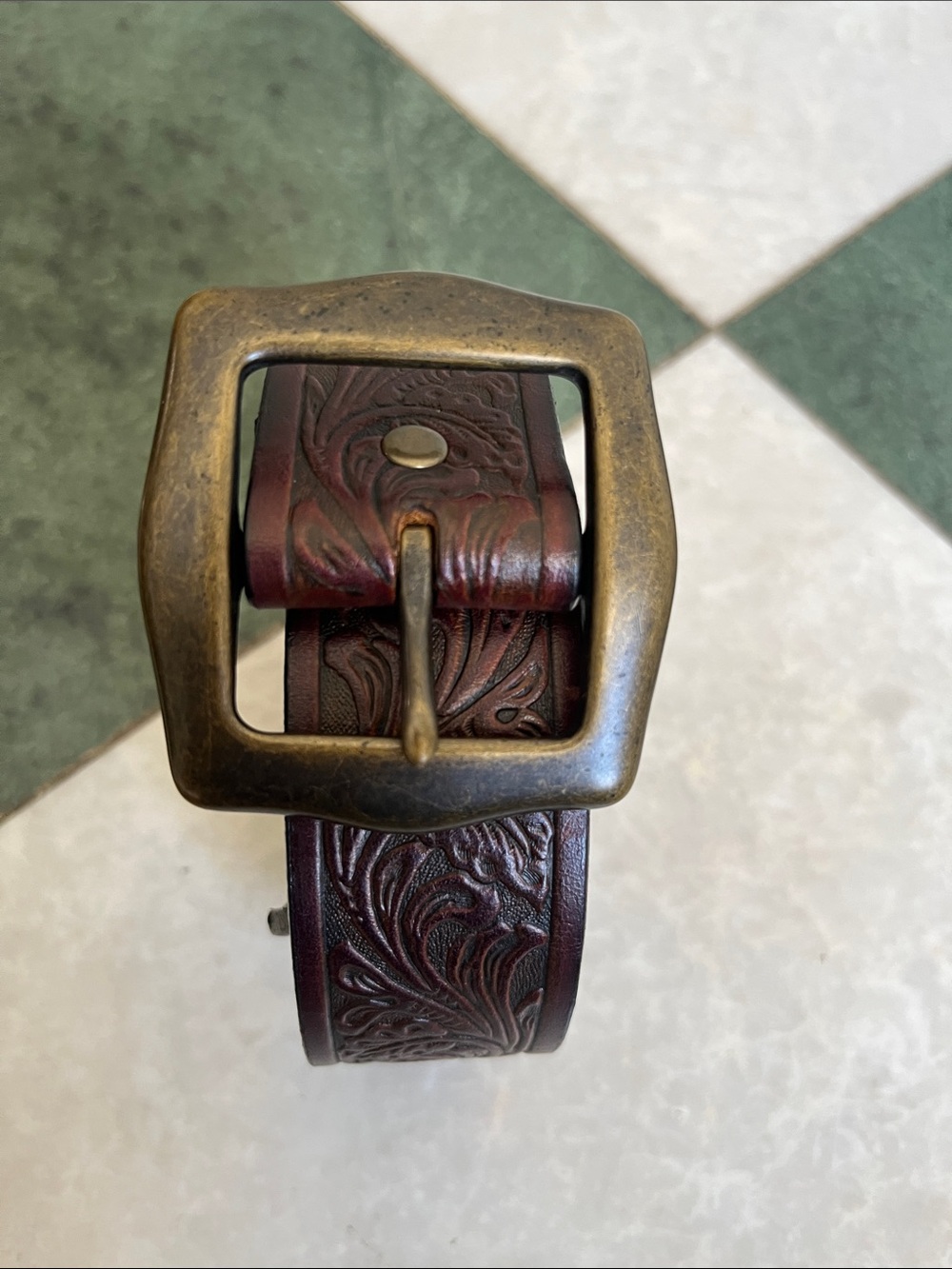 Brighton Embossed Floral Leather Belt in Deep Burgundy with Antique Brass Buckle